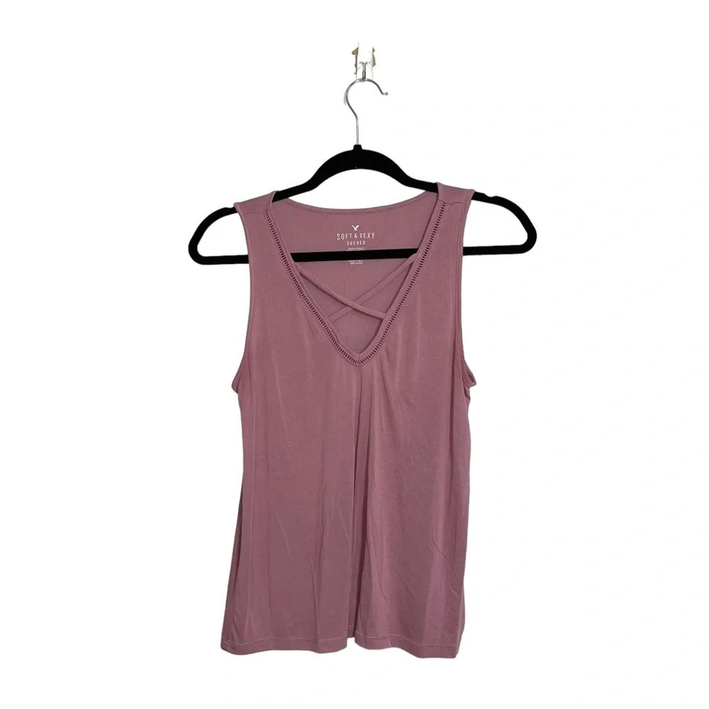 American Eagle Soft & Sexy Sueded Tank Top Mauve Pink Strappy Neck Small Women’s
